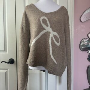 American Eagle Outfitters Tan Off-the-Shoulder Sweater with White Bow